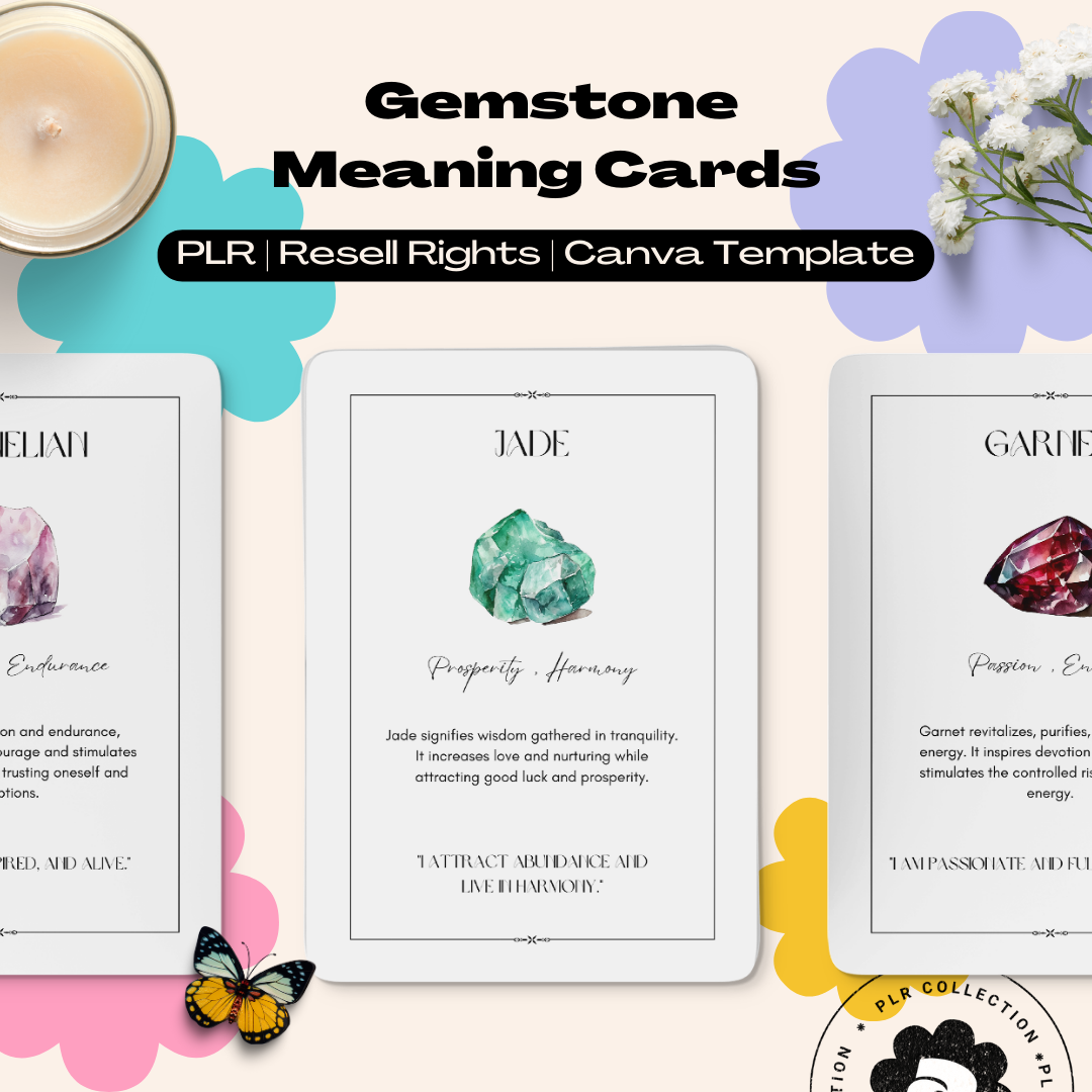 PLR - Crystal & Gemstone Meaning Cards Canva Template (Commercial Use)