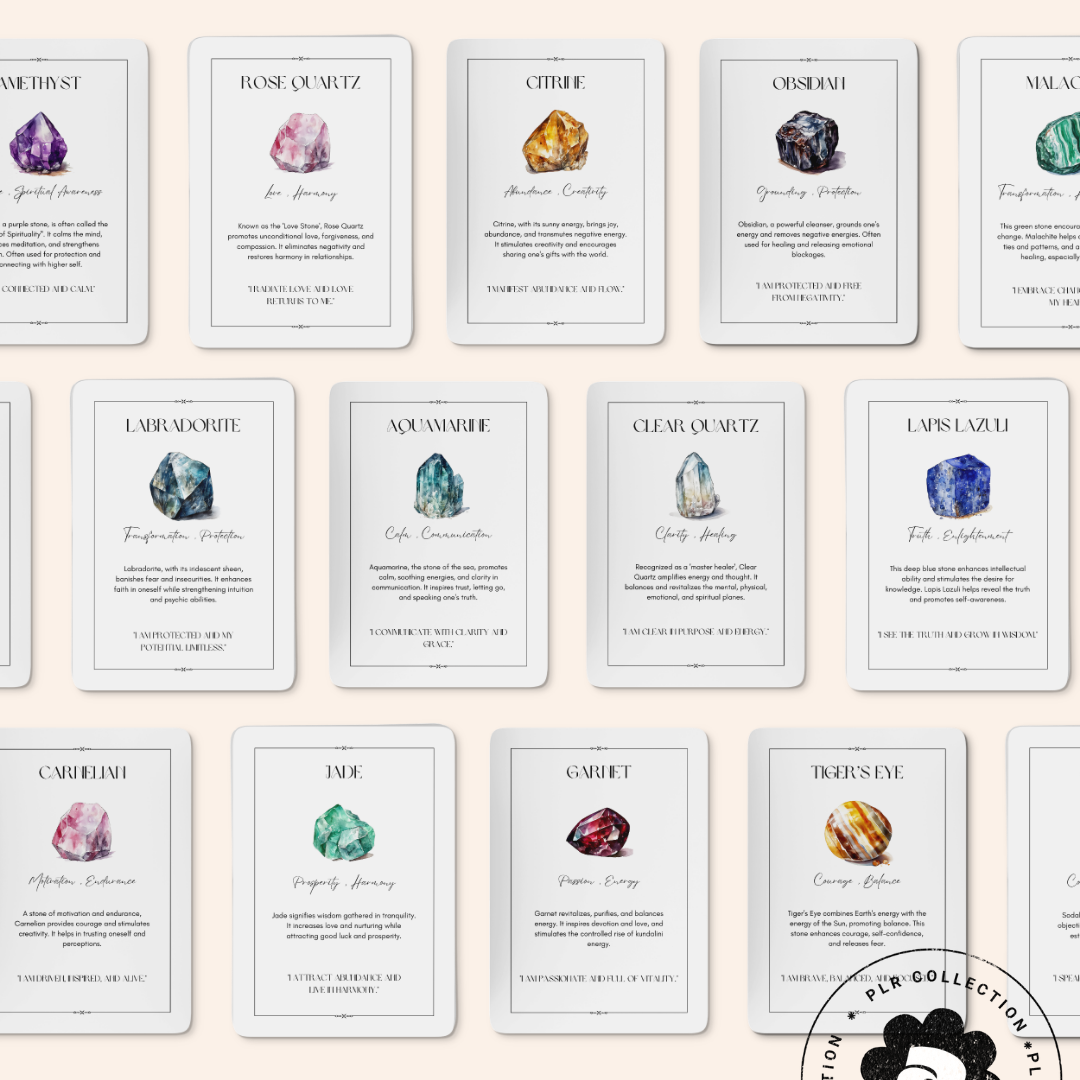 PLR - Crystal & Gemstone Meaning Cards Canva Template (Commercial Use)