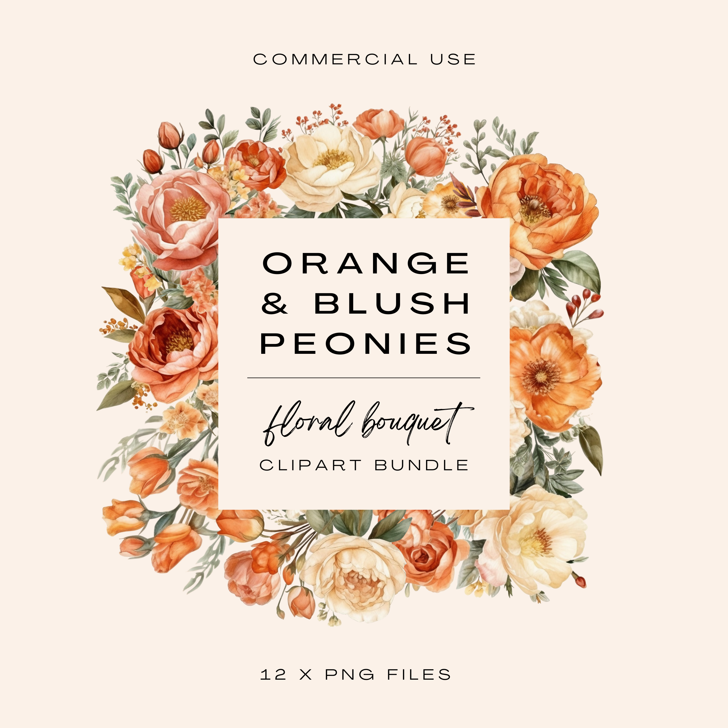 Orange & Blush Peony Clipart Bundle (Commercial Use)