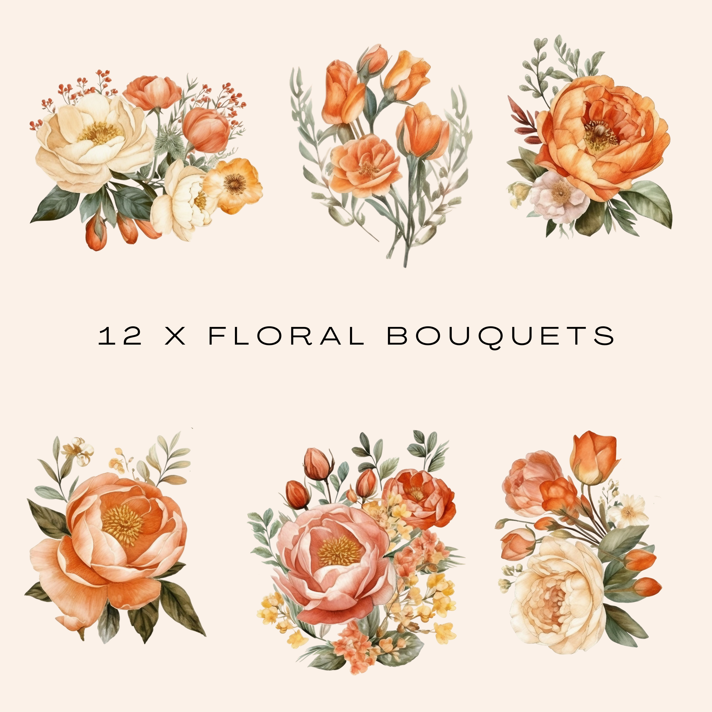 Orange & Blush Peony Clipart Bundle (Commercial Use)