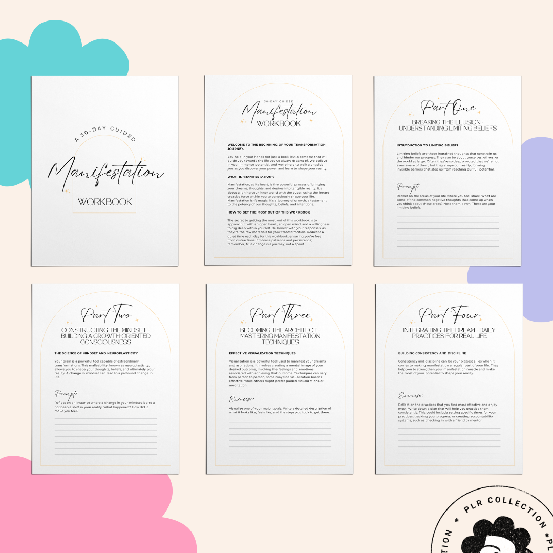 Printable paper mockups of the 30-day manifestation workbook Canva Template with PLR Resell Rights - Alicia Rafiei