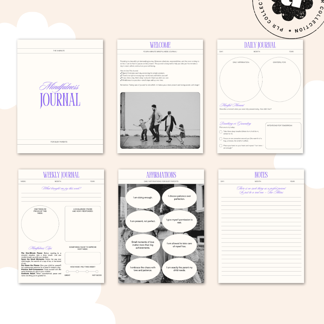 PLR 5-Minute Mindfulness Journal for Busy Parents – Canva Template (Commercial Use)