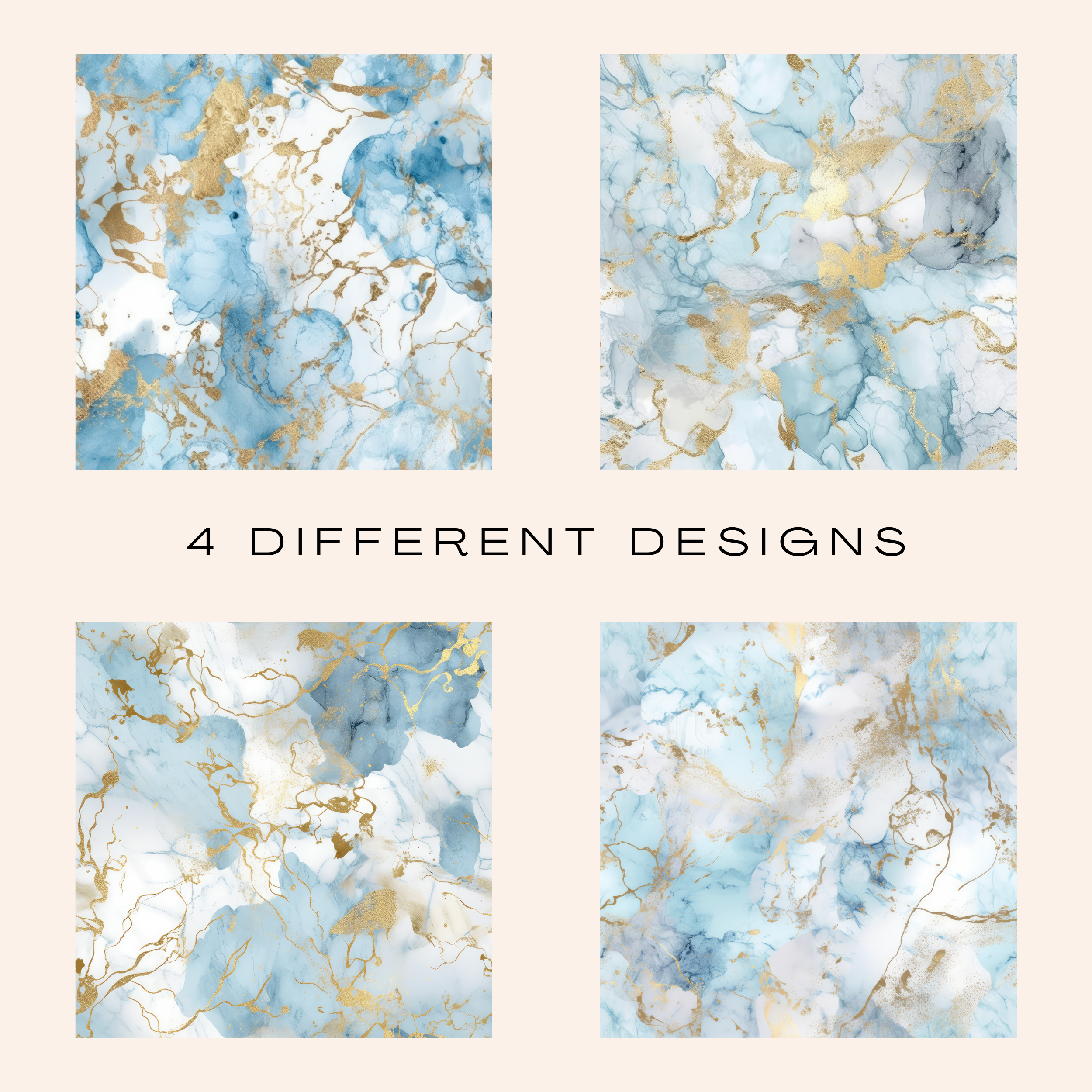 Pale Blue & Gold Marble Seamless Pattern Clipart Bundle (Commercial Use)