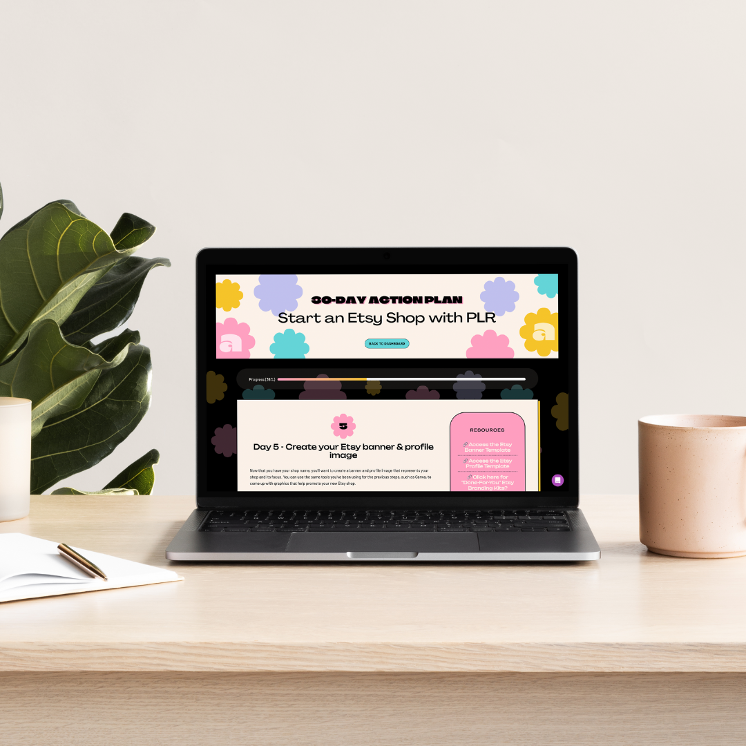 This images is a mockup of the 30-Day Action Plan - Start an Etsy Shop with PLR. This is an action plan hosted on Teachery and offer 30-days of step-by-step instructions to help new digital product Etsy sellers open a shop quickly and easily with the help of PLR products.