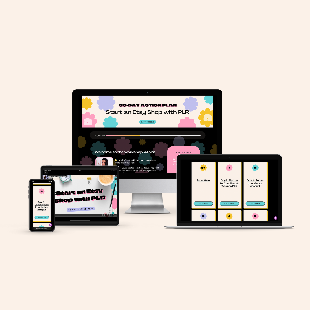 This images is a mockup of the 30-Day Action Plan - Start an Etsy Shop with PLR. This is an action plan hosted on Teachery and offer 30-days of step-by-step instructions to help new digital product Etsy sellers open a shop quickly and easily with the help of PLR products.