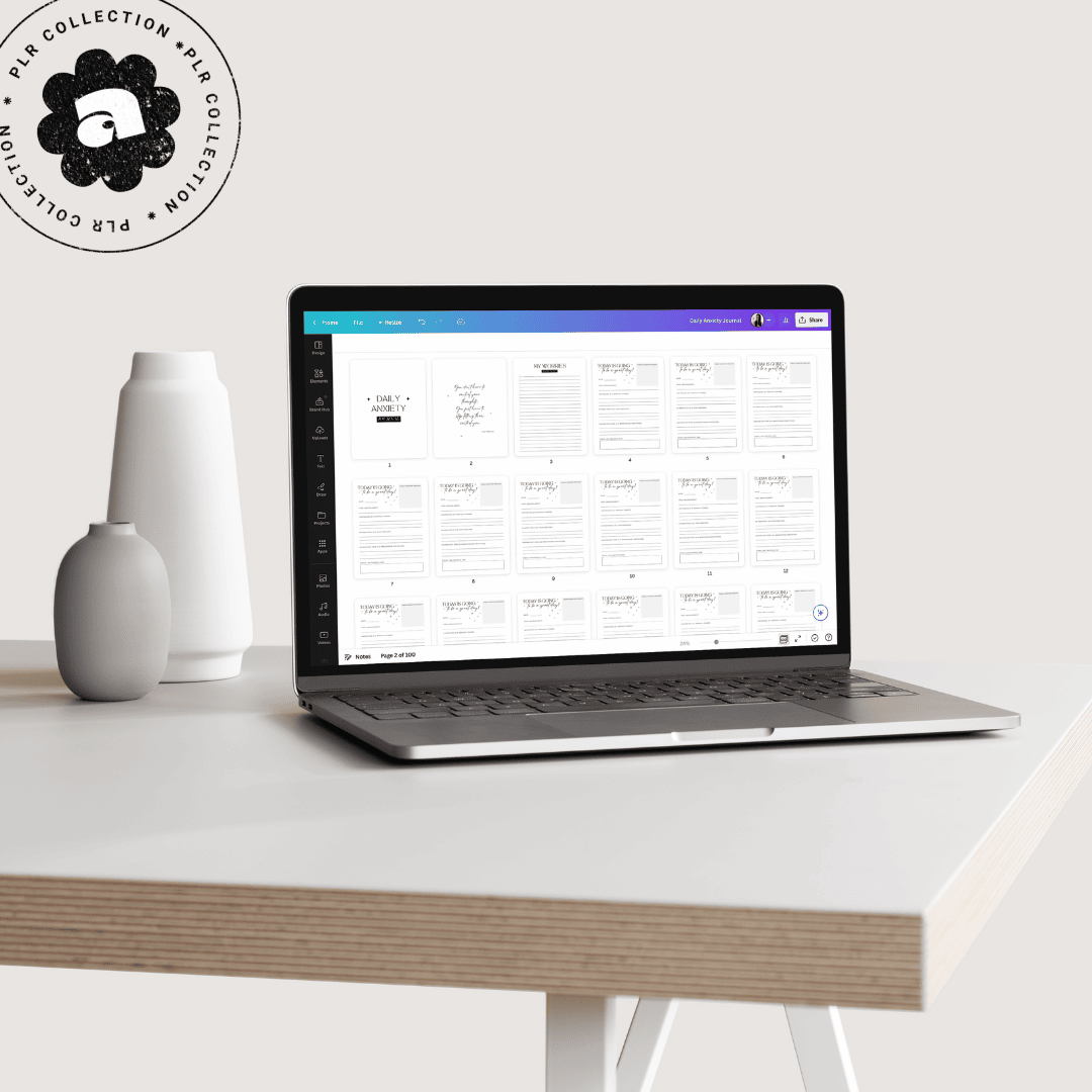 This is a mockup image of a daily anxiety journal Canva template with PLR resell rights for commercial use