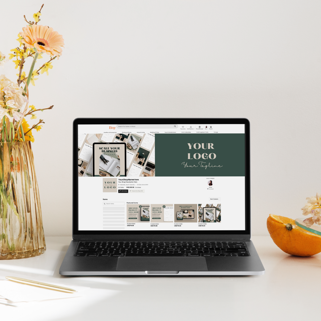 This is a mockup of an Etsy Branding Kit. Perfect for Etsy shop owners who are selling digital products.