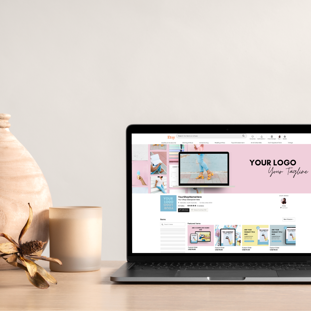 This is a laptop mockup of the Etsy shop branding kit from The Alicia Rafiei Shop. It has pink, yellow and blue colours, perfect for aomeone who is looking for a bold looking Etsy shop.