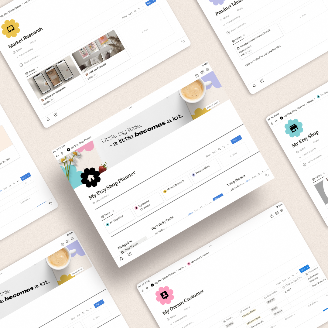 This is a mockup of a Notion Template for digital product Etsy sellers