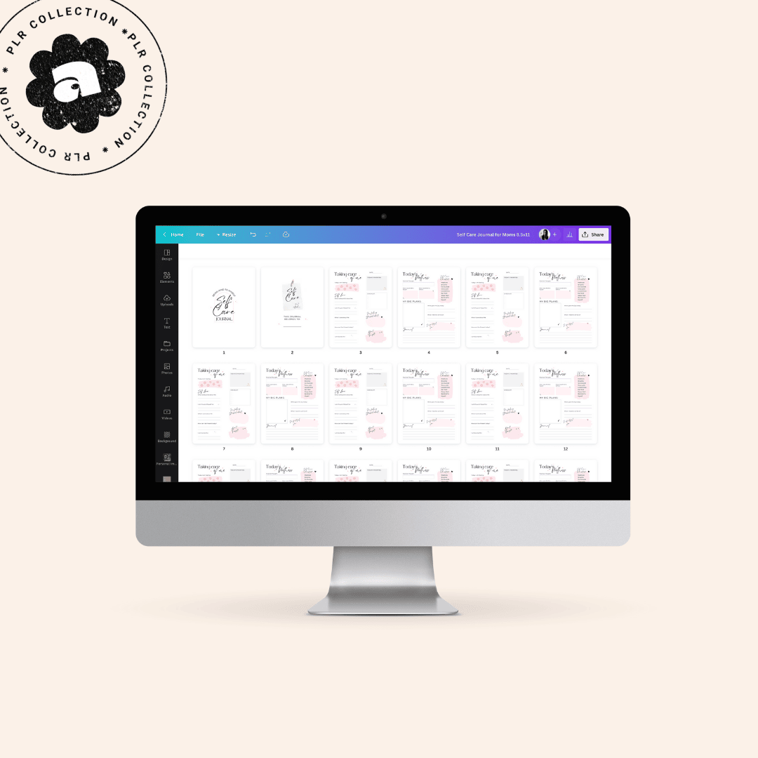 This is an image of a computer mockup of the PLR Self Care Journal for Moms Canva Template