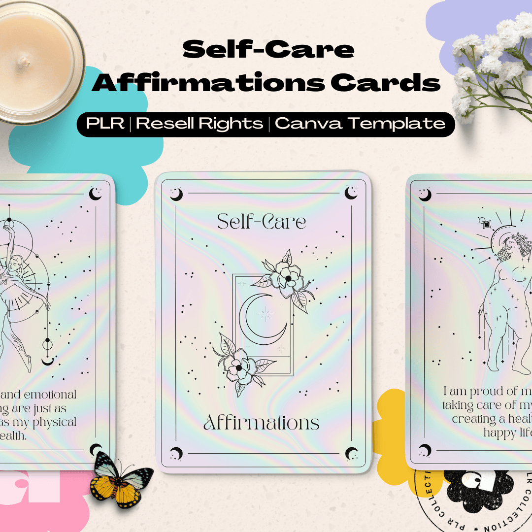 This is an image of a mockup of a deck of self care affirmation cards - Canva template PLR Resell Right commercial use template.