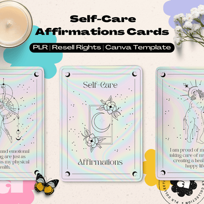 This is an image of a mockup of a deck of self care affirmation cards - Canva template PLR Resell Right commercial use template.