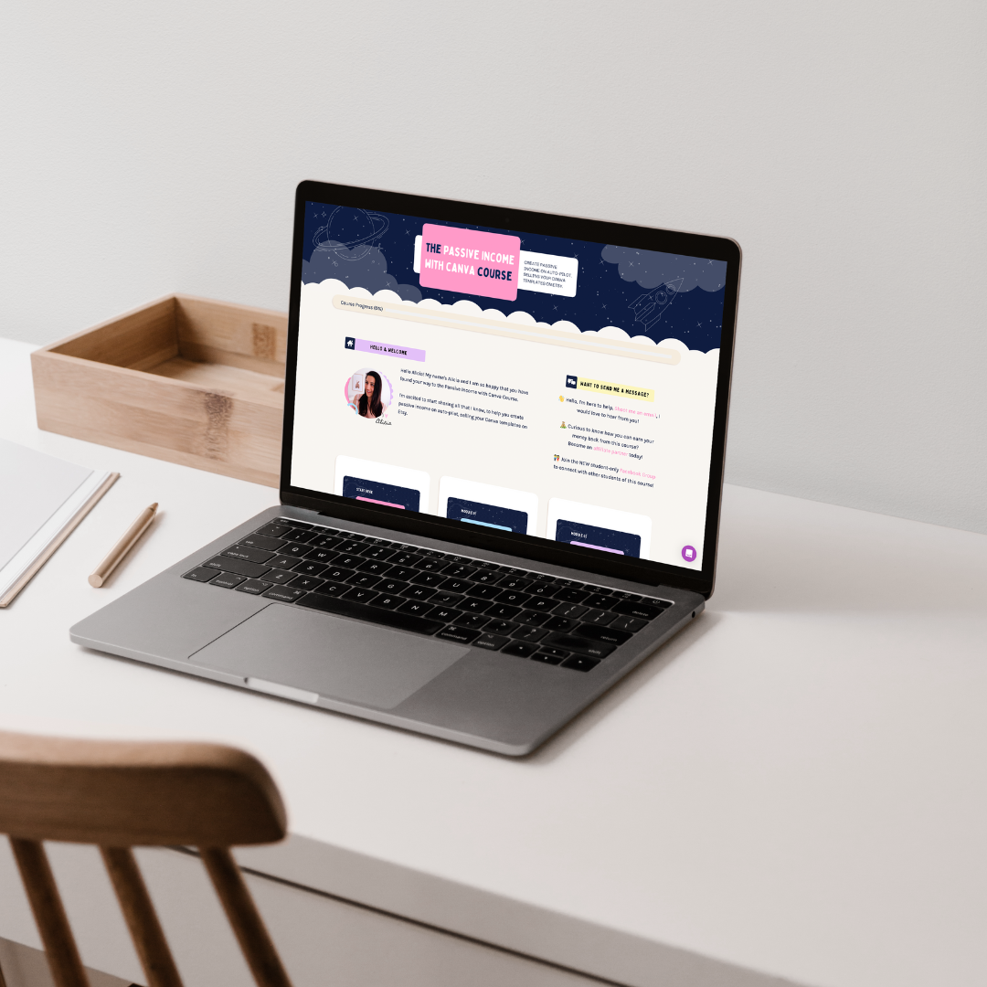 This is a computer mockup of the dashboard inside the Passive Income with Canva Course