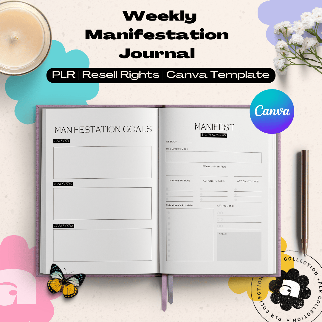 This is a mockup of a PLR/Resell rights to a fully editable Weekly Manifestation Journal Canva Template 8.5" x 11" with 100 pages.