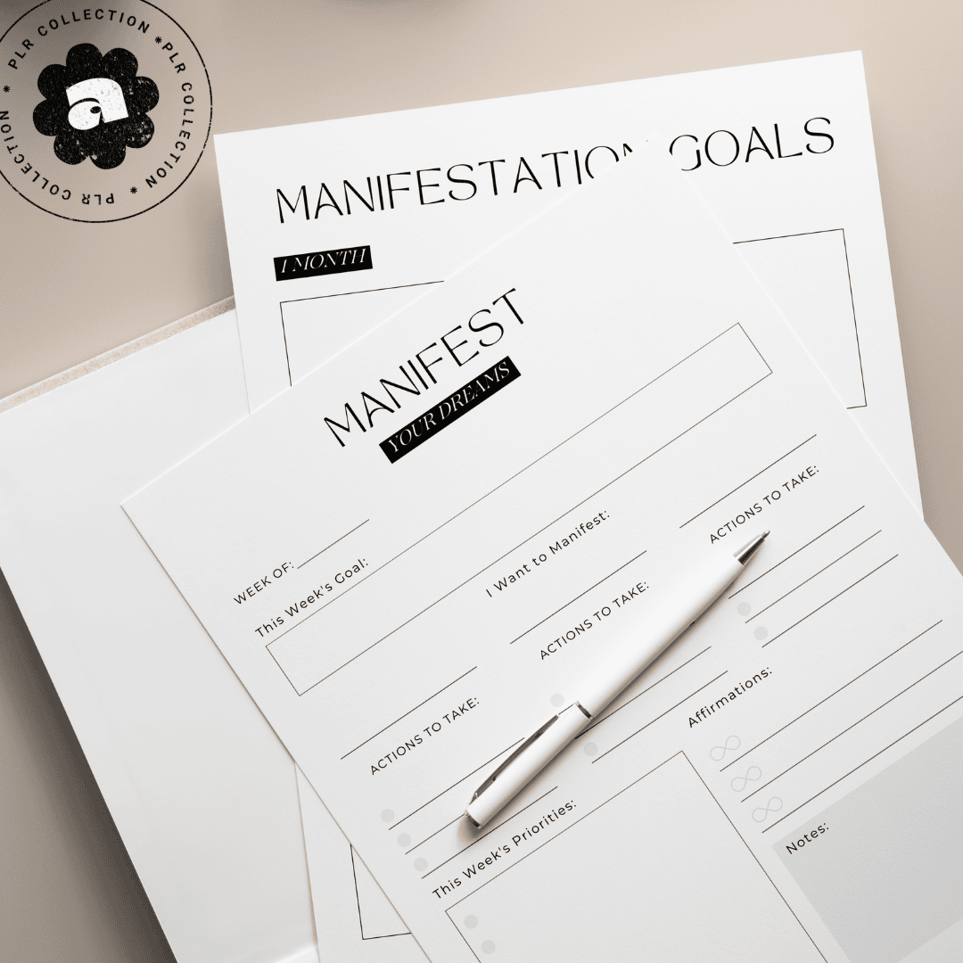 This is a mockup of a PLR/Resell rights to a fully editable Weekly Manifestation Journal Canva Template 8.5" x 11" with 100 pages.
