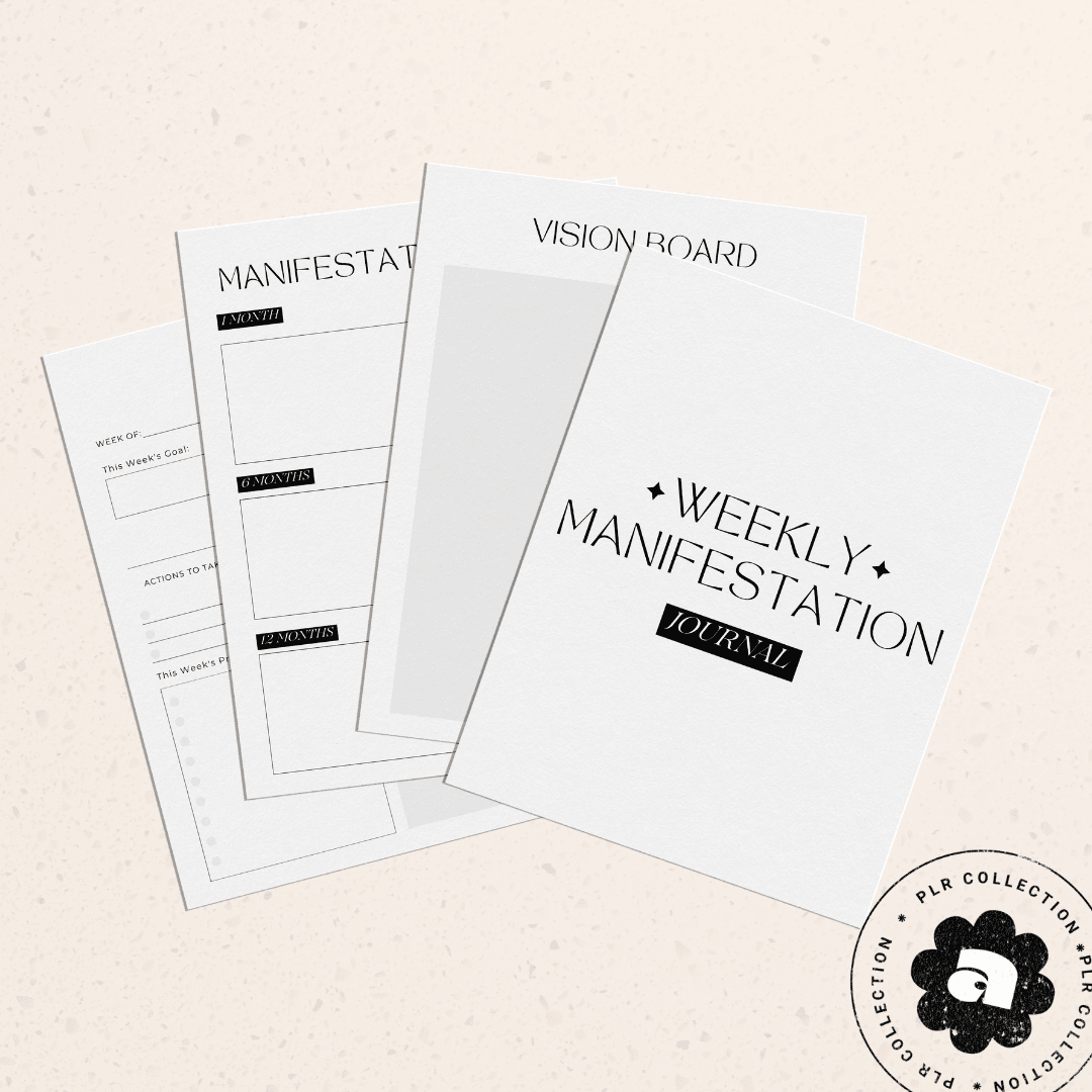 This is a mockup of a PLR/Resell rights to a fully editable Weekly Manifestation Journal Canva Template 8.5" x 11" with 100 pages.