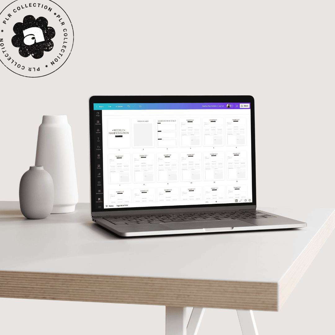This is a mockup of a PLR/Resell rights to a fully editable Weekly Manifestation Journal Canva Template 8.5" x 11" with 100 pages.