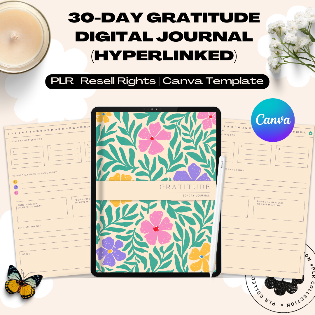 30-Day Gratitude Journal (Digital/Hyperlinked) – Canva Template (PLR)