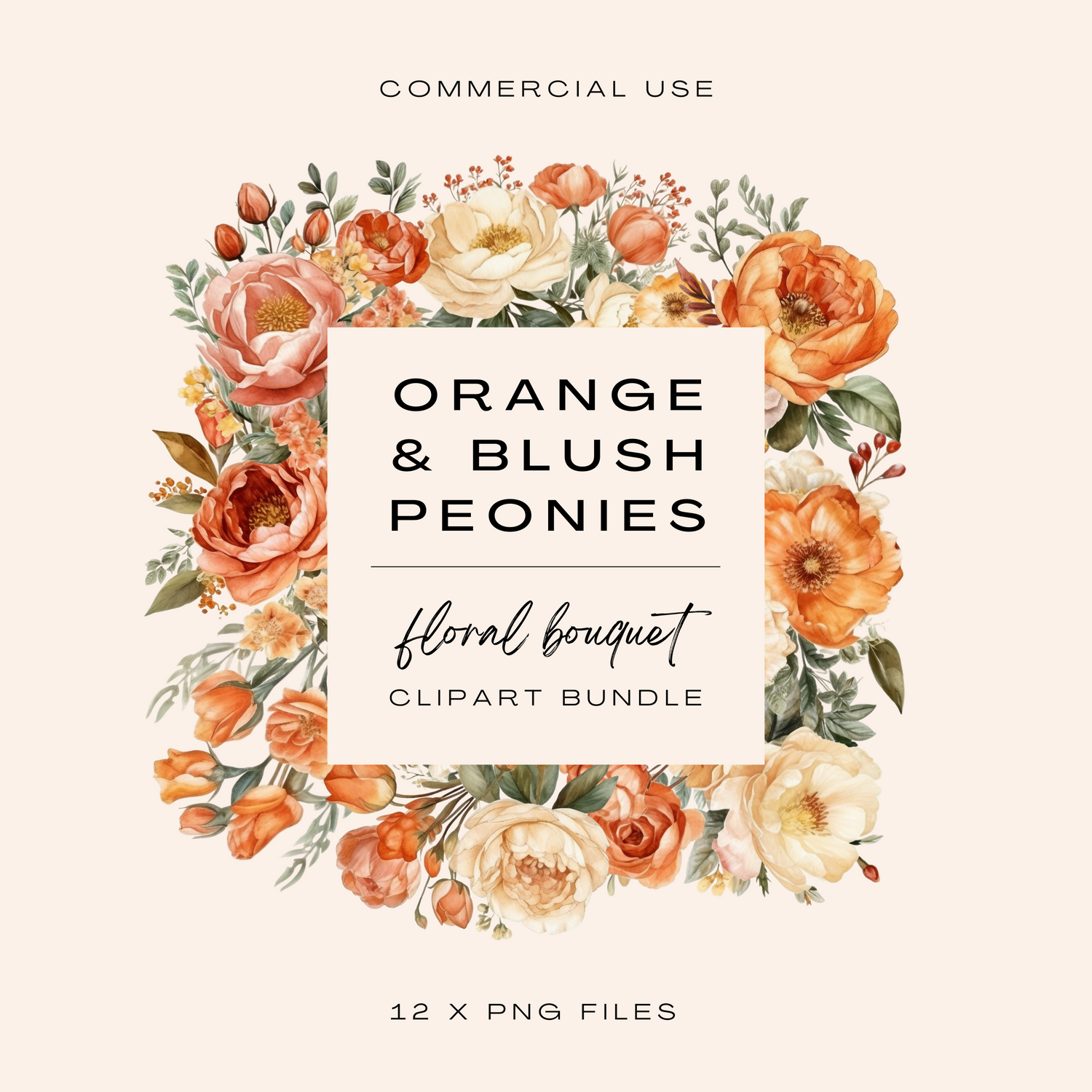 Orange &amp; Blush Peony Clipart Bundle (Commercial Use)