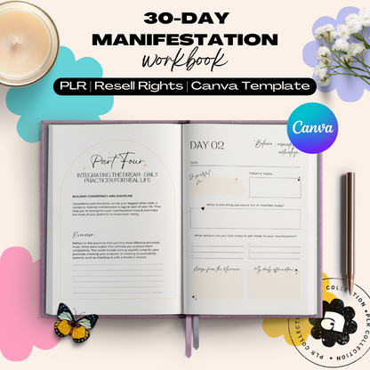 An open planner flat lay mockup of the 30-day manifestation workbook Canva Template with PLR Resell Rights - Alicia Rafiei