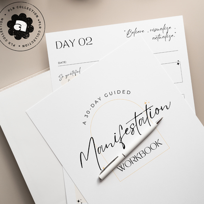 Printable paper mockup of the 30-day manifestation workbook Canva Template with PLR Resell Rights - Alicia Rafiei