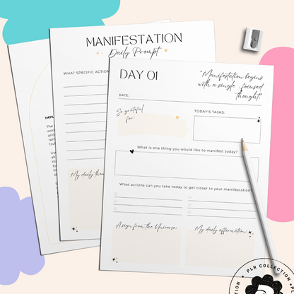 Printable paper mockups of the 30-day manifestation workbook Canva Template with PLR Resell Rights - Alicia Rafiei