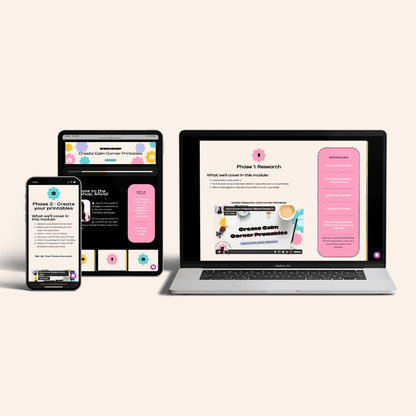 This is a computer, iPad and iPhone mockup of lessons within the Create with Canva Workshop - Create Calm Corner Printables.