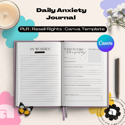 This is a mockup image of a daily anxiety journal Canva template with PLR resell rights for commercial use