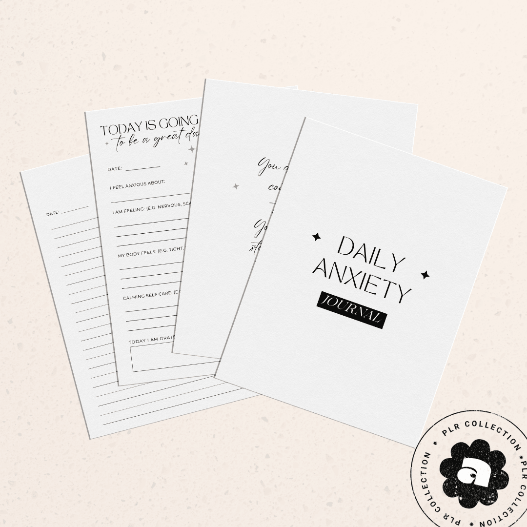 This is a mockup image of a daily anxiety journal Canva template with PLR resell rights for commercial use