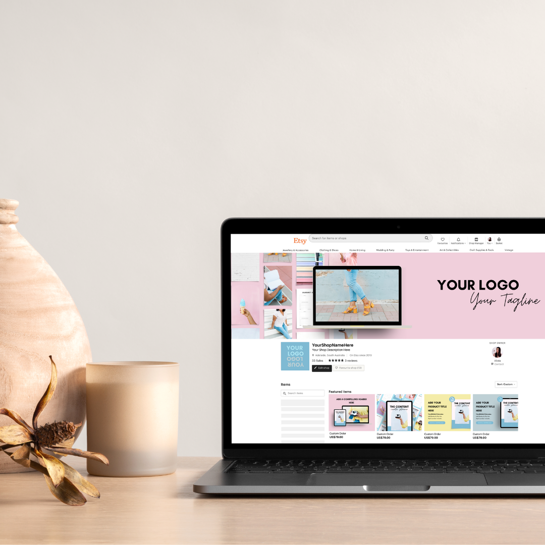 This is a laptop mockup of the Etsy shop branding kit from The Alicia Rafiei Shop.  It has pink, yellow and blue colours, perfect for aomeone who is looking for a bold looking Etsy shop.