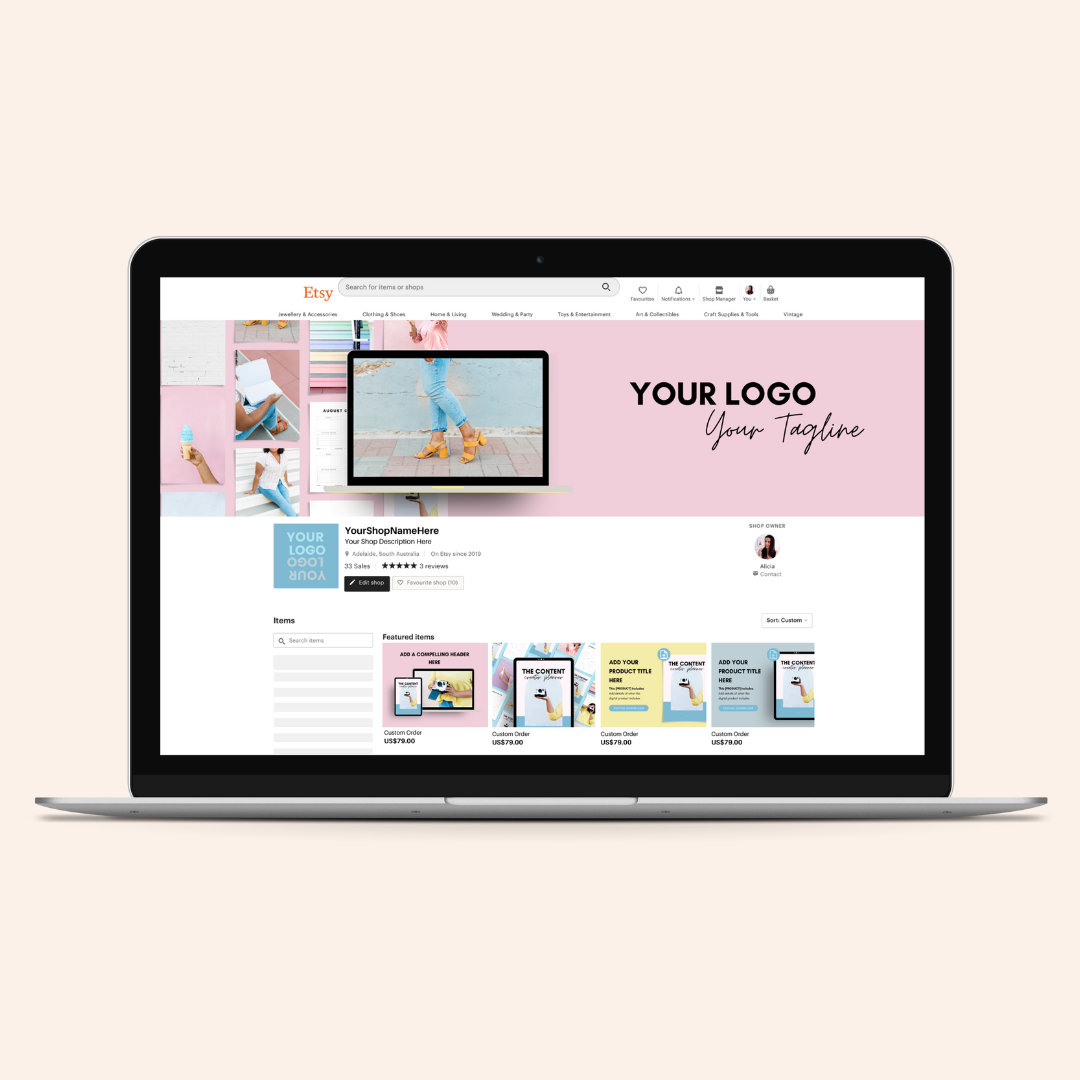 This mockup of the Etsy shop branding kit from The Alicia Rafiei Shop.  It has pink, yellow and blue colours, perfect for aomeone who is looking for a bold looking Etsy shop.