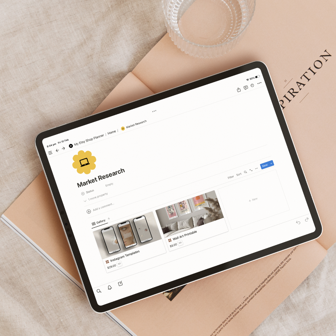 This is a mockup of a Notion Template for digital product Etsy sellers