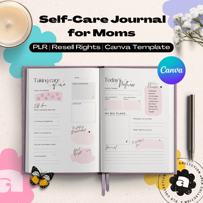 This is an image of a planner mockup of the PLR Self Care Journal for Moms Canva Template