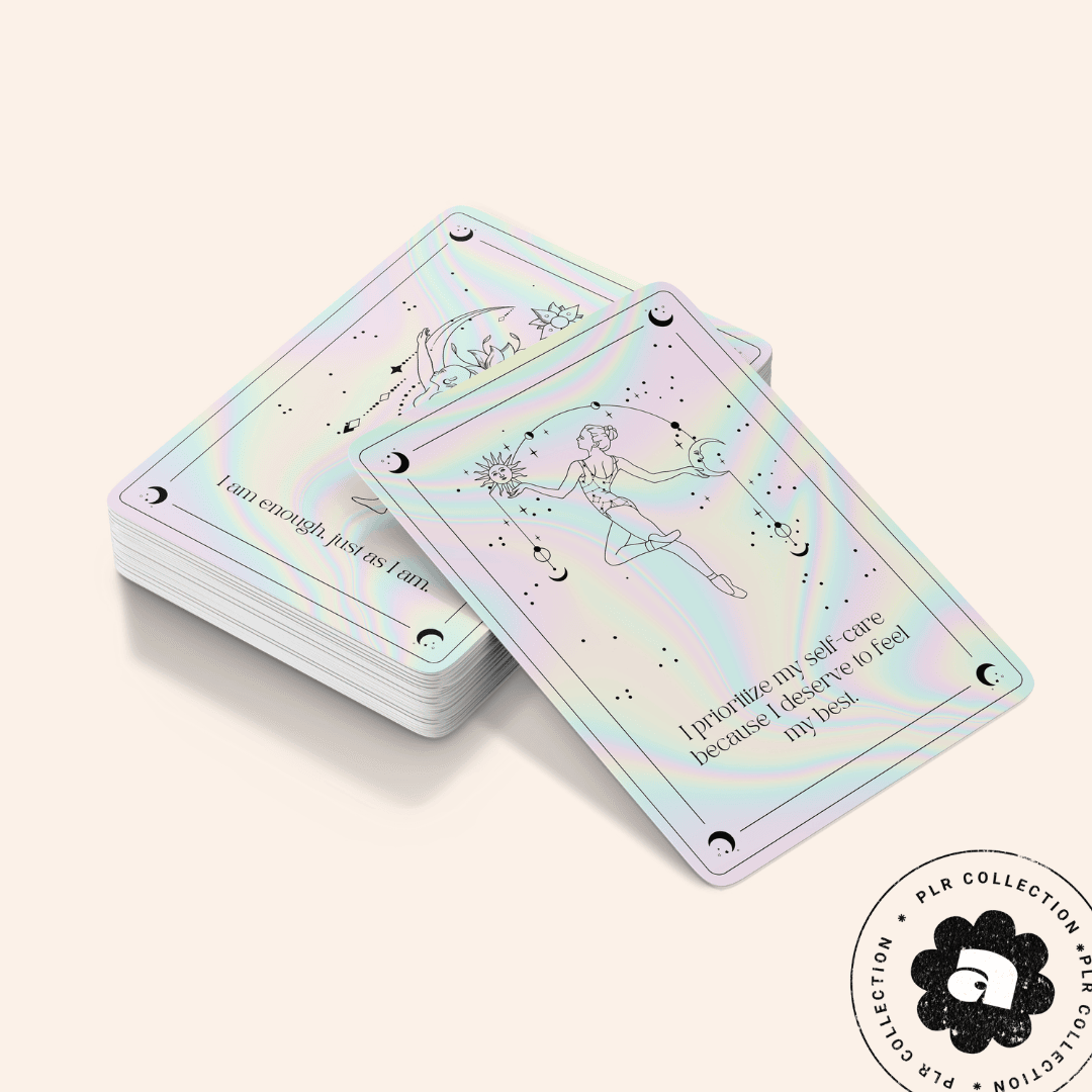 This is an image of a mockup of a deck of self care affirmation cards - Canva template PLR Resell Right commercial use template.