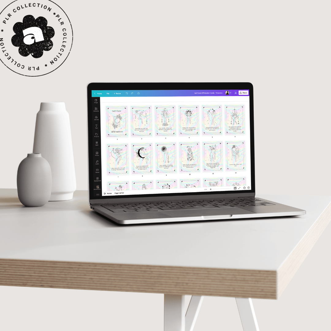 This is an image of a mockup of a deck of self care affirmation cards - Canva template PLR Resell Right commercial use template.