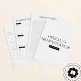 This is a mockup of a PLR/Resell rights to a fully editable Weekly Manifestation Journal Canva Template 8.5" x 11"  with 100 pages.