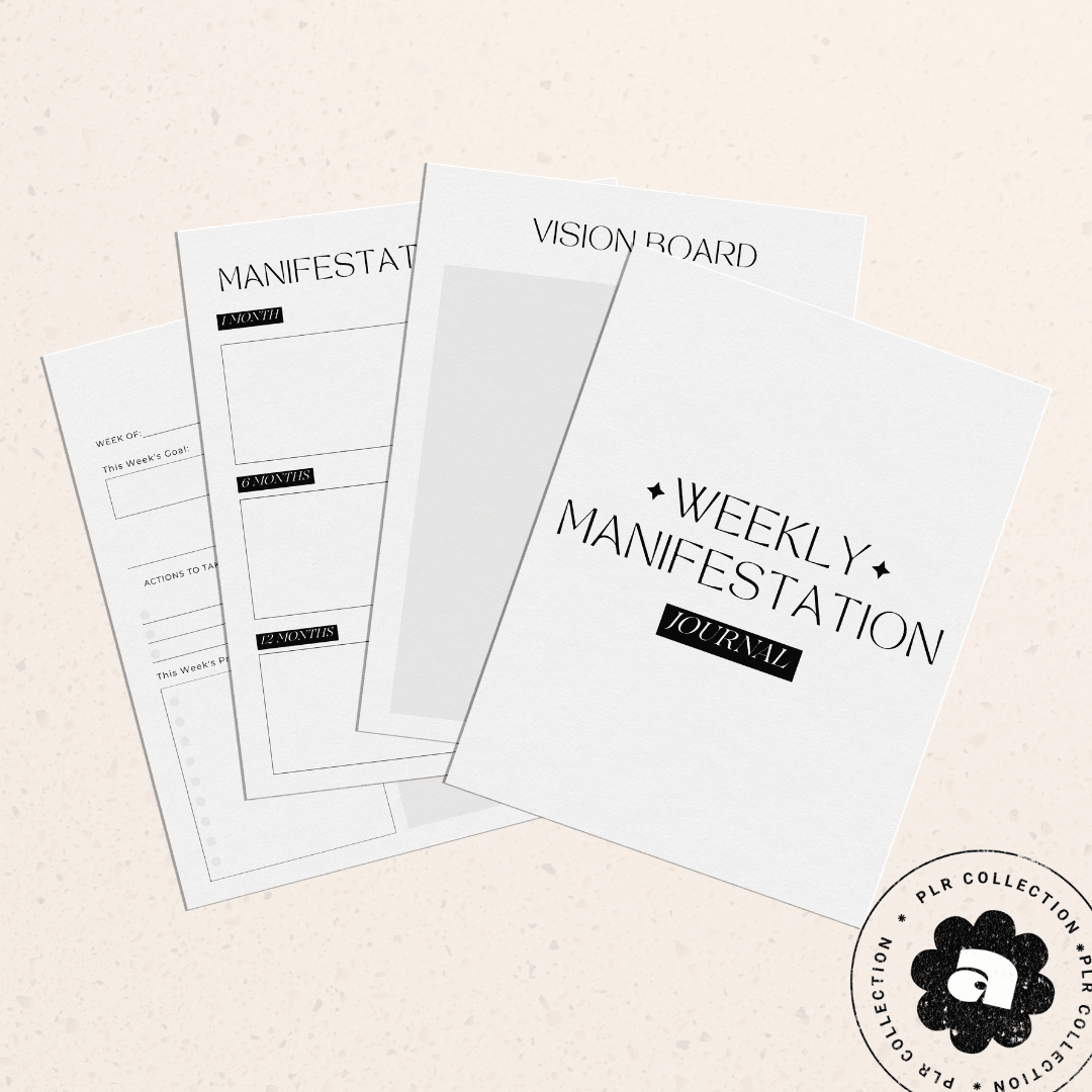 This is a mockup of a PLR/Resell rights to a fully editable Weekly Manifestation Journal Canva Template 8.5&quot; x 11&quot;  with 100 pages.